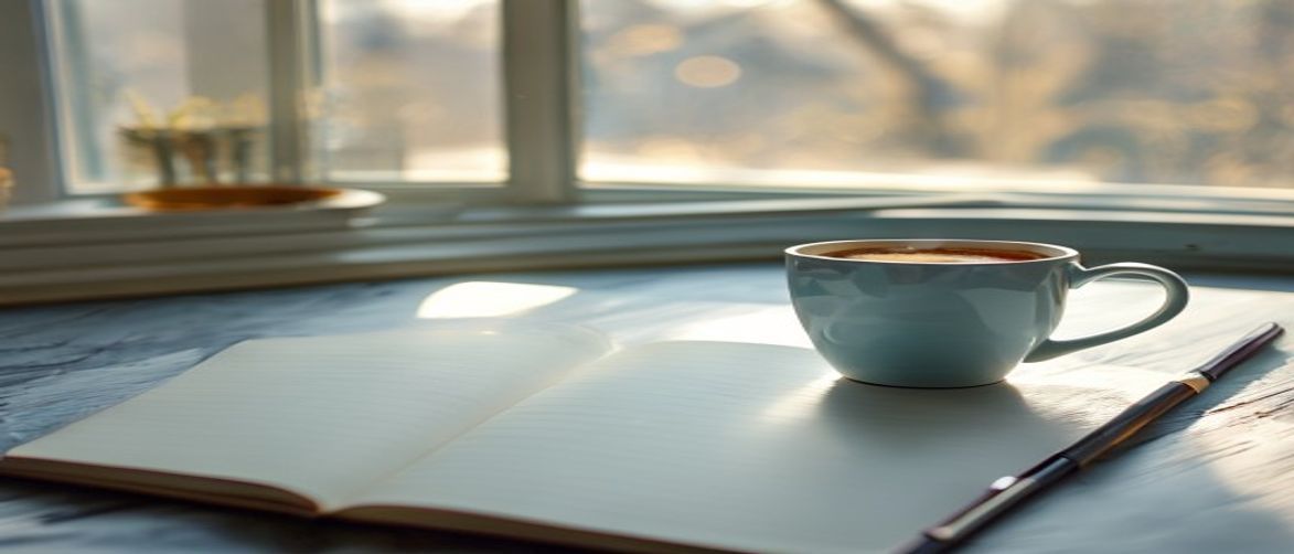 Sunlit workspace with coffee, notebook, and window view
